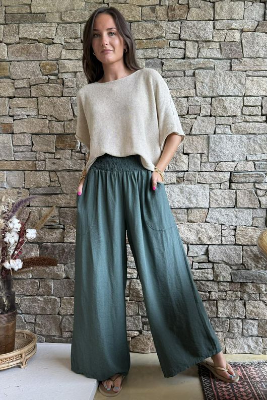Basso Shirring Wide Leg Pant Deep Moss